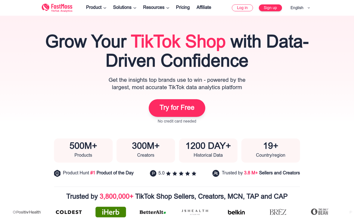 Above-fold screenshot of FastMoss homepage showcasing TikTok analytics and creator management.