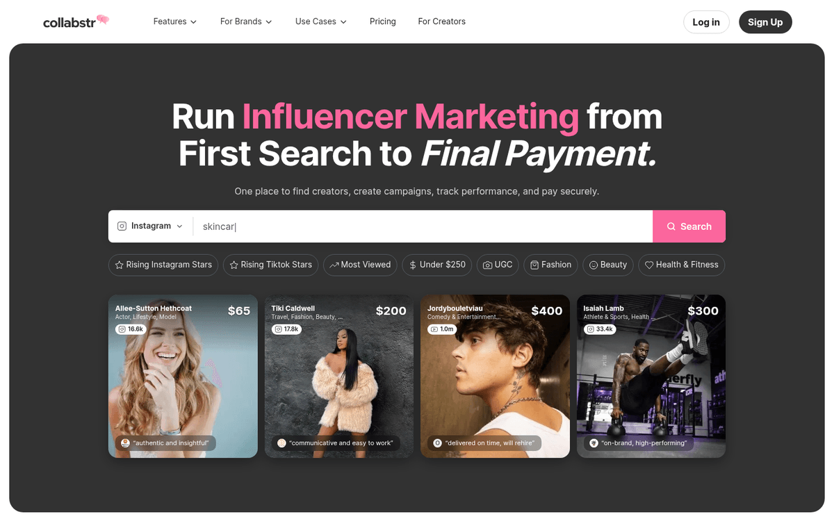 Collabstr influencer marketplace displaying TikTok creator profiles, search filters, and campaign workflow.
