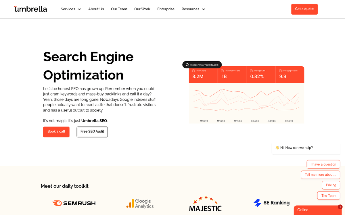 Umbrella's Search Engine Optimization service page showing local SEO offerings for Toronto businesses.