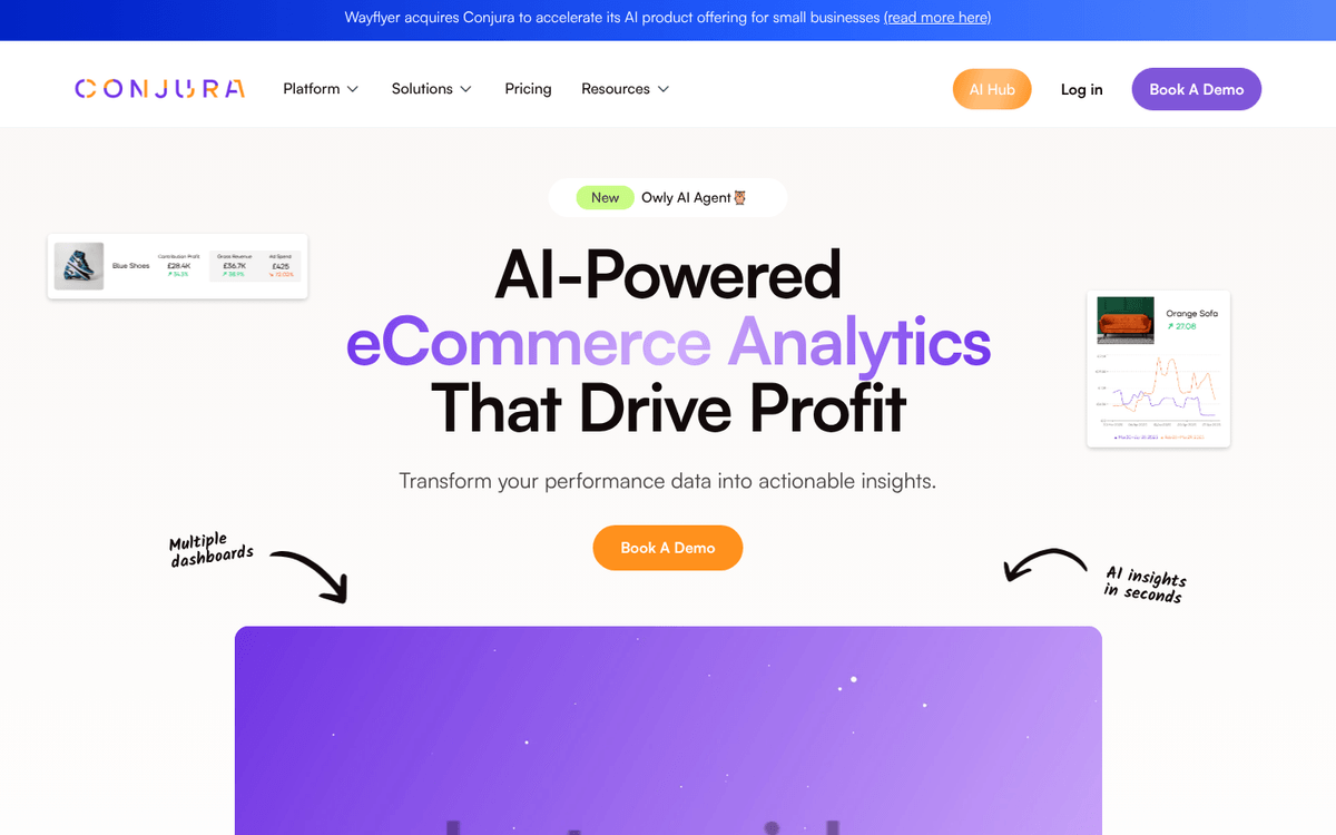 Conjura dashboard displaying SKU-level financial data, including real-time profitability and cost breakdowns for individual products