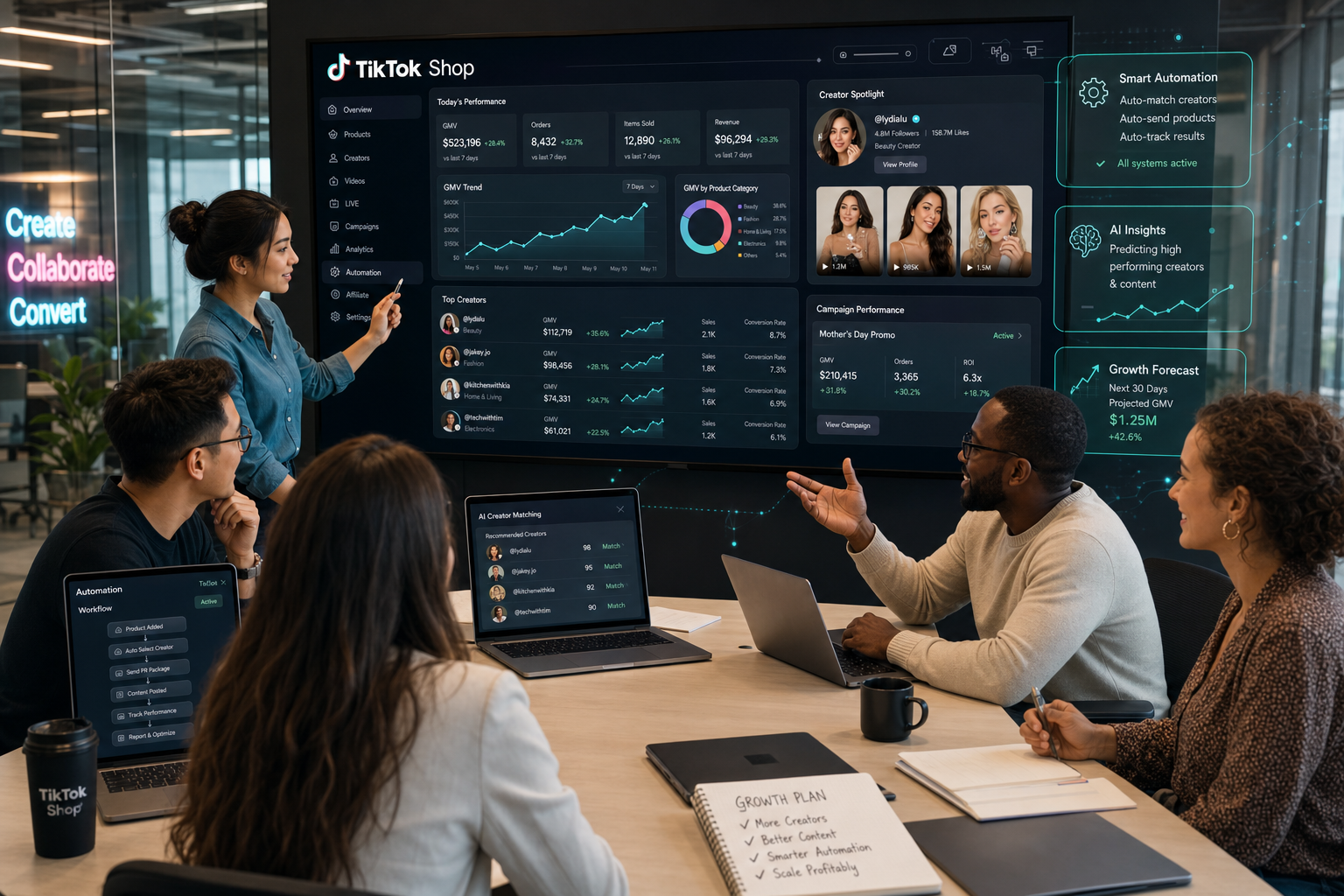 Marketing team efficiently managing TikTok Shop creators and analytics.