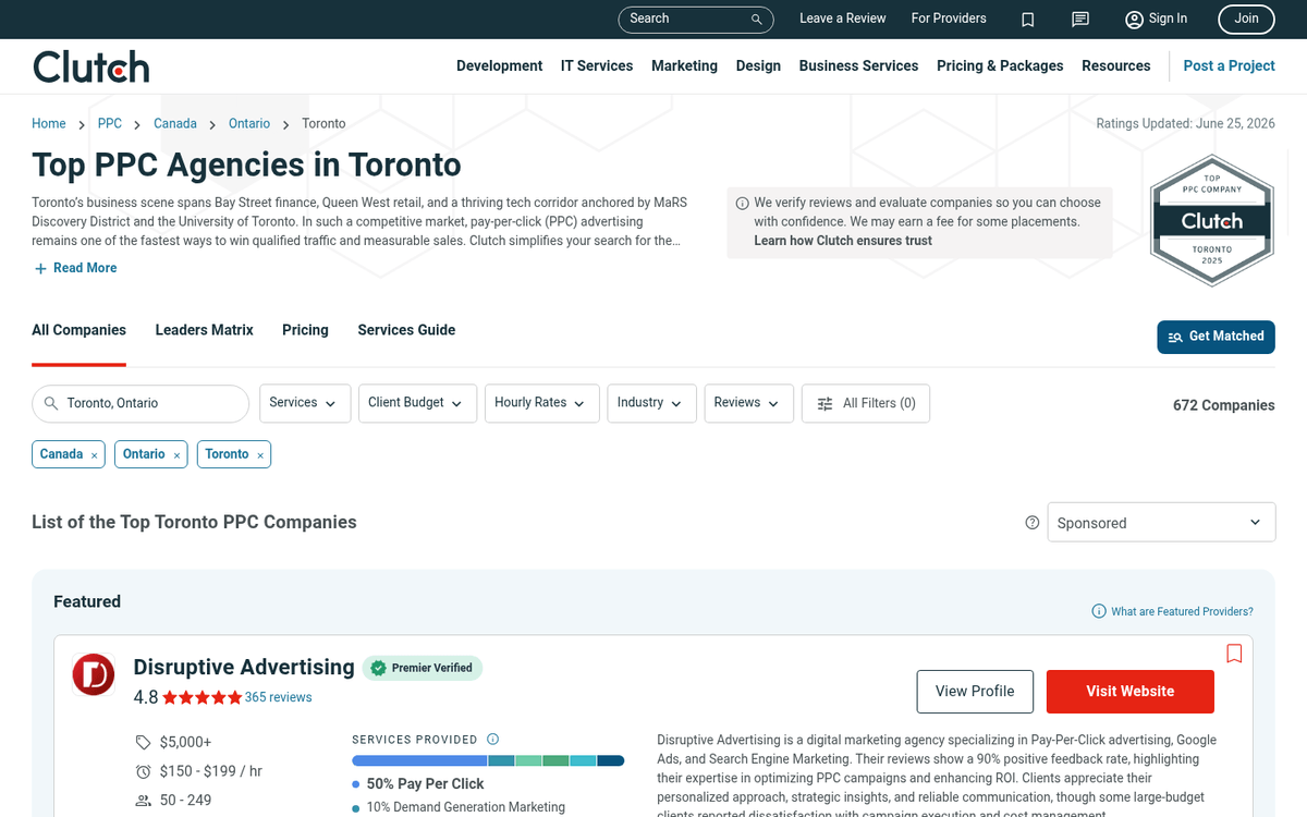Screenshot of an optimized Clutch agency profile displaying completed sections, service descriptions, and visible client reviews.