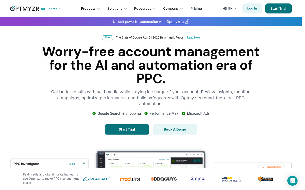 Optmyzr features page showing automated auditing tools