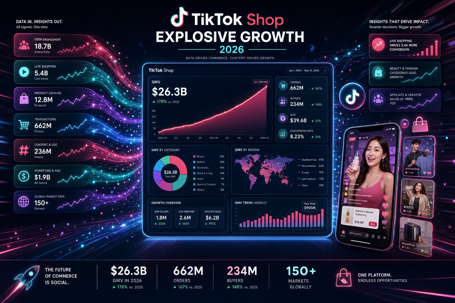 Digital infographic showing the growth of TikTok Shop with data points flowing into an analytics dashboard in 2026