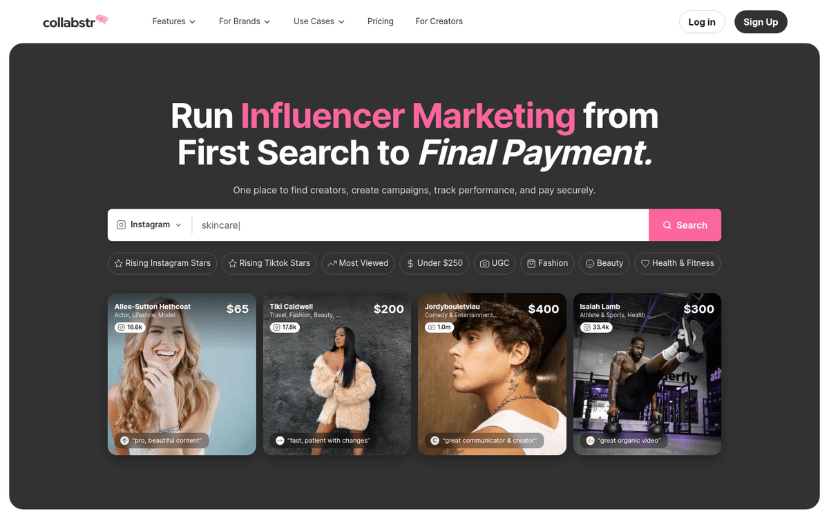 Above-fold screenshot of Collabstr homepage, an influencer marketplace for finding creators.