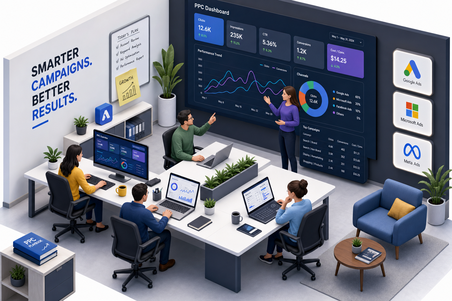 Isometric digital marketing workspace illustrating team collaboration and campaign dashboards