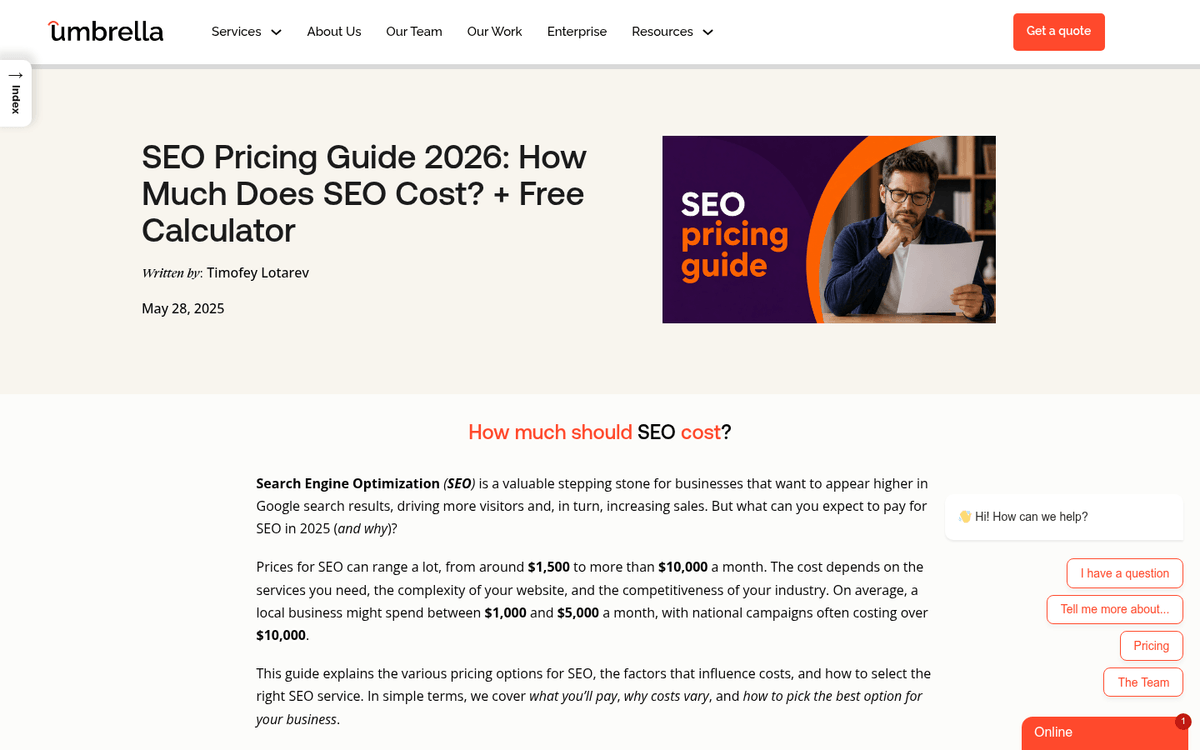 Umbrella's SEO Pricing Guide page showing a calculator and pricing breakdown.