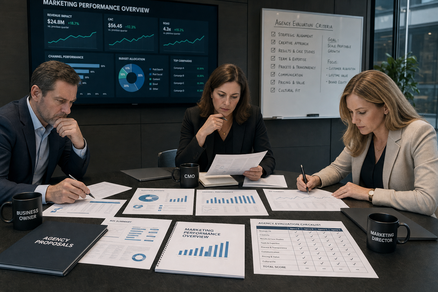 Business leaders vetting marketing agency proposals with a checklist