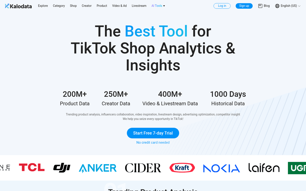 Kalodata dashboard showing TikTok Shop market intelligence, competitor analysis, and trending product insights