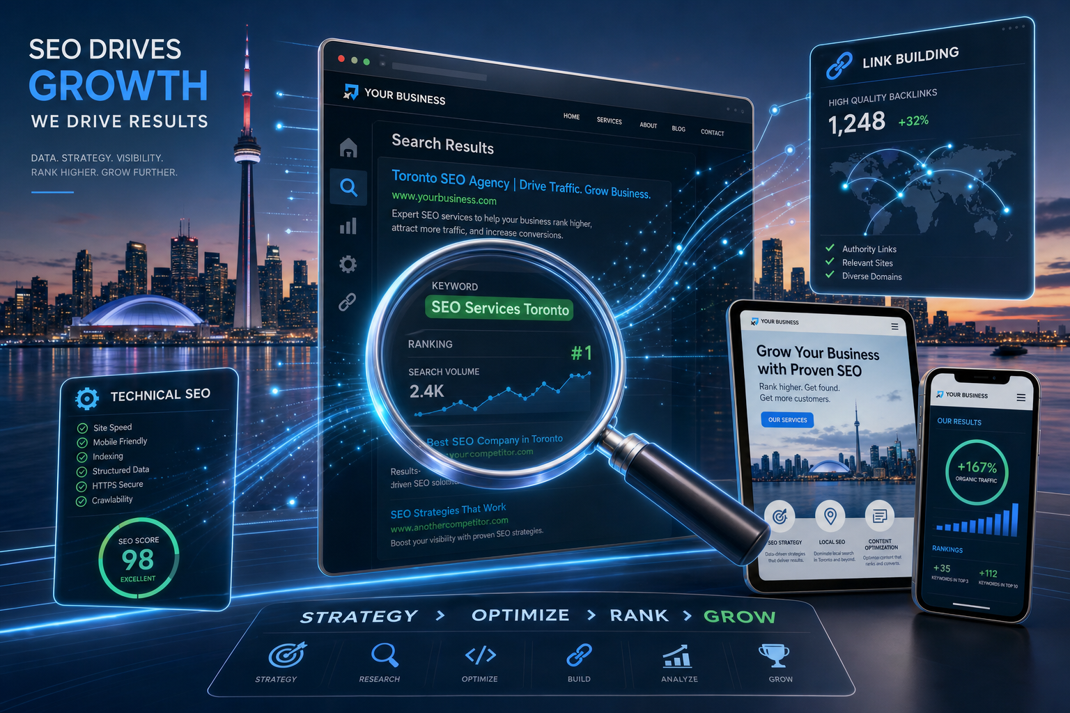 Illustrative representation of key SEO engine optimization strategies for businesses in 2026, featuring digital tools and data.