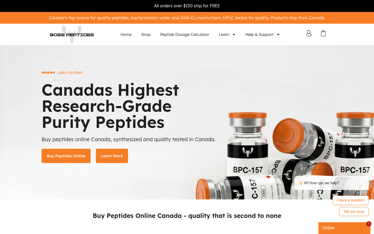 Boss Peptides homepage displaying research-grade peptides, purity testing, and safety disclaimers.