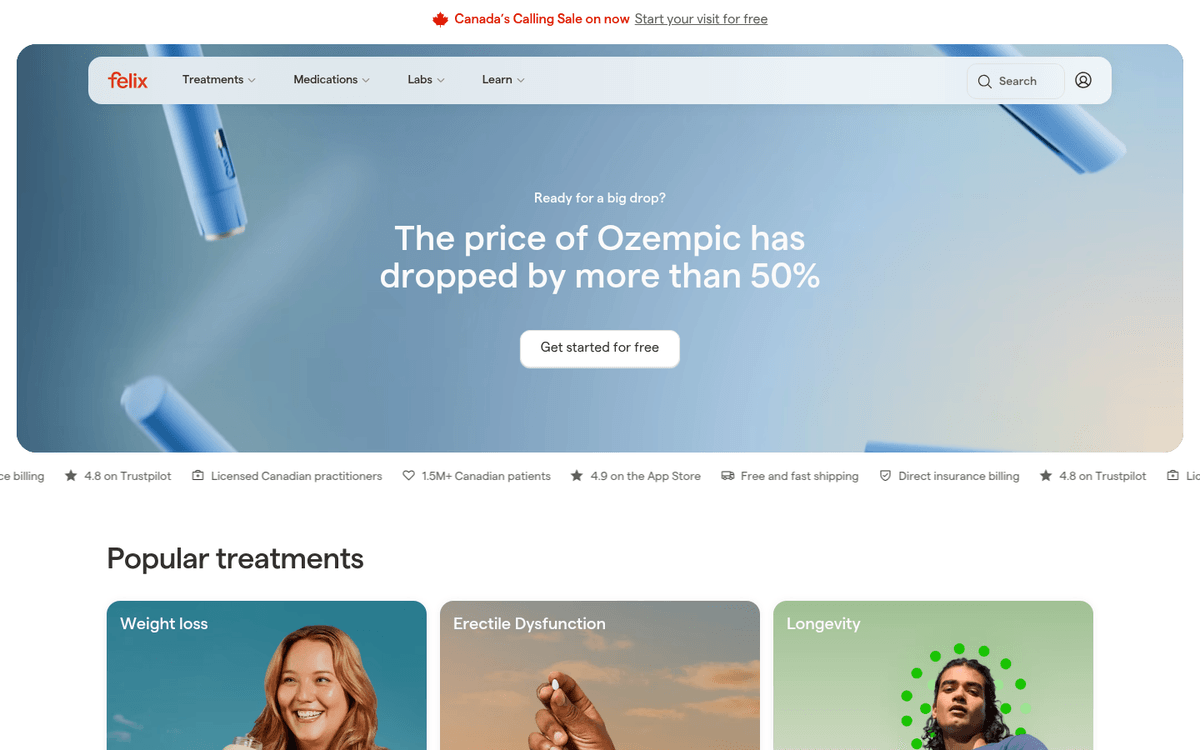 Felix Health homepage showing clinical telehealth services for weight management in Canada.