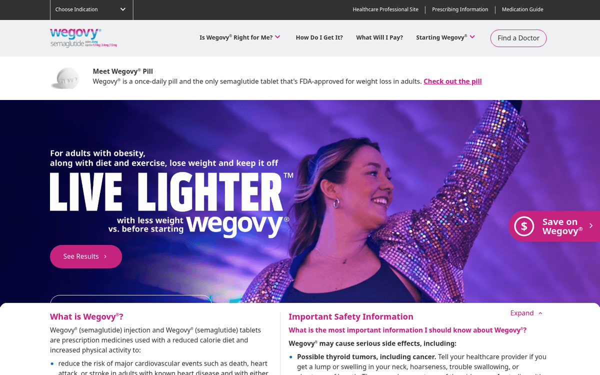 Official Wegovy homepage showing branding and product usage instructions