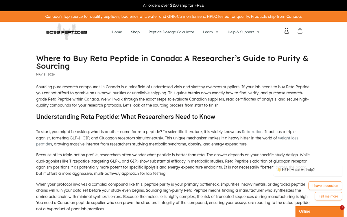 Boss Peptides online storefront showing research-grade Retatrutide peptide options