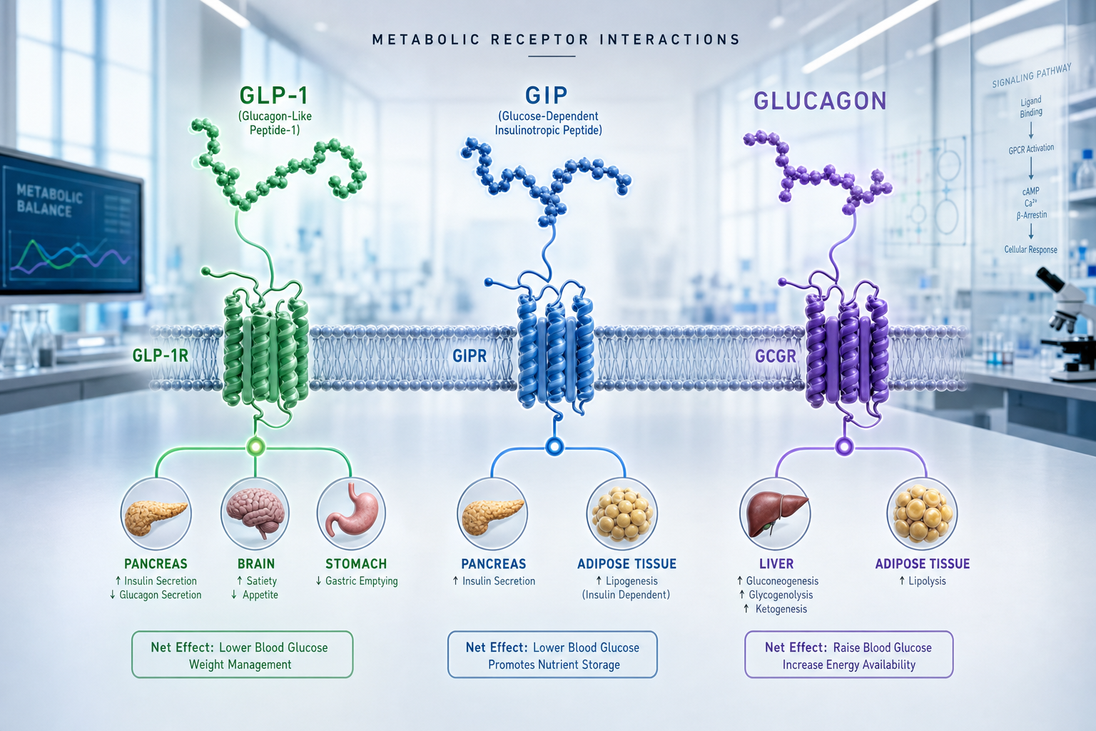Scientific visualization of GLP-1, GIP, and Glucagon metabolic receptor pathways