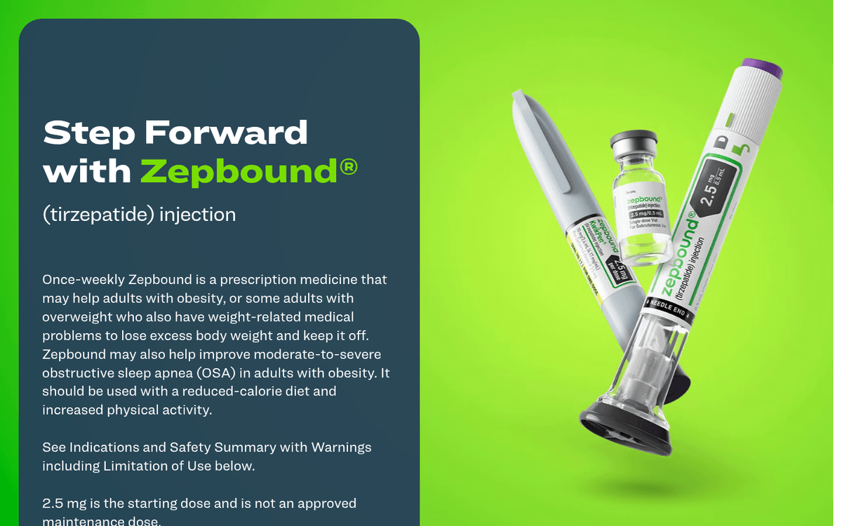 Official Zepbound homepage displaying product information and FDA approval details