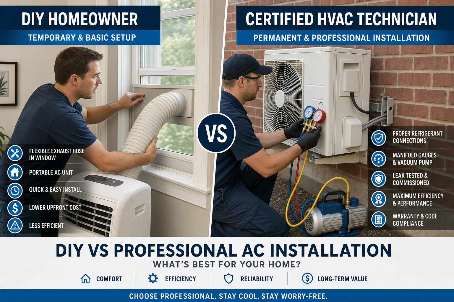 Comparison of a DIY portable air conditioner window setup next to an engineer commissioning a fixed split system.