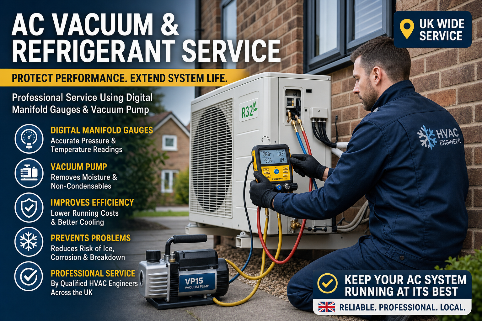 Certified HVAC engineer commissioning an outdoor air conditioner condenser unit on a UK home
