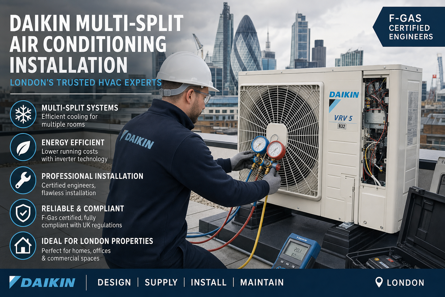 Daikin D1+ certified engineer commissioning an air conditioning condenser system on a London rooftop
