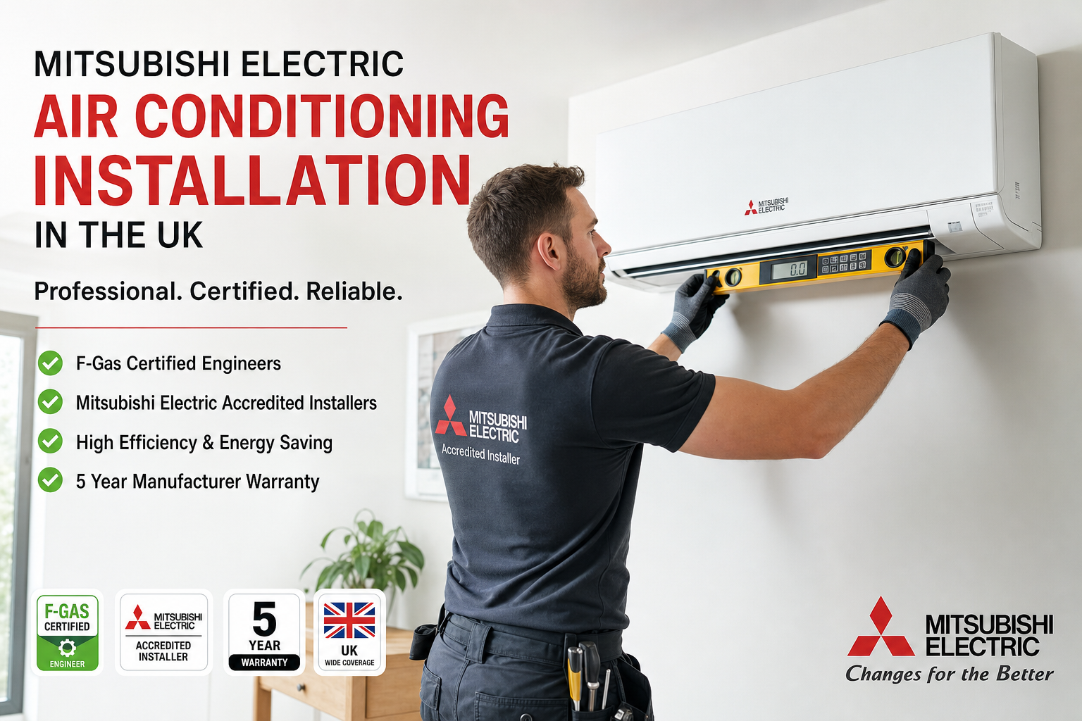 Certified HVAC engineer installing a Mitsubishi wall mounted indoor air conditioning unit in a UK home.