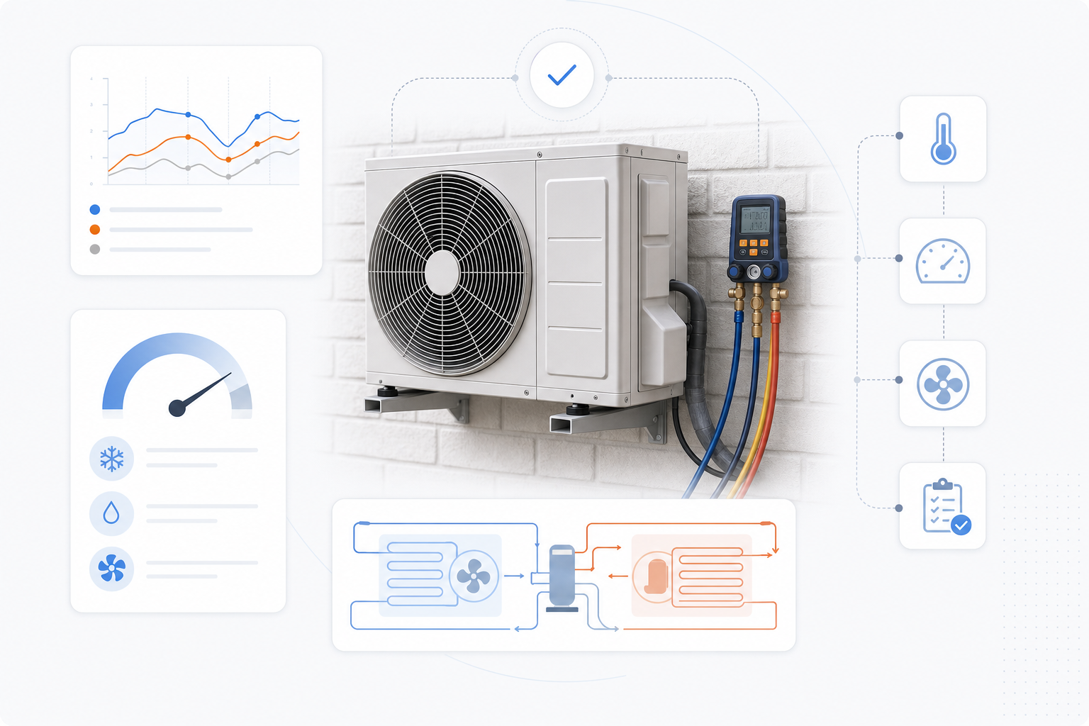 An approved air conditioning installer inspecting and commissioning an outdoor condenser unit.
