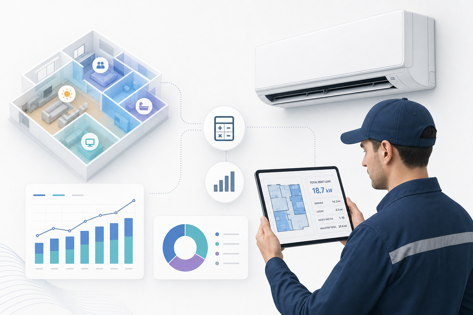 HVAC engineer inspecting a modern wall-mounted air conditioning unit with a diagnostic tablet