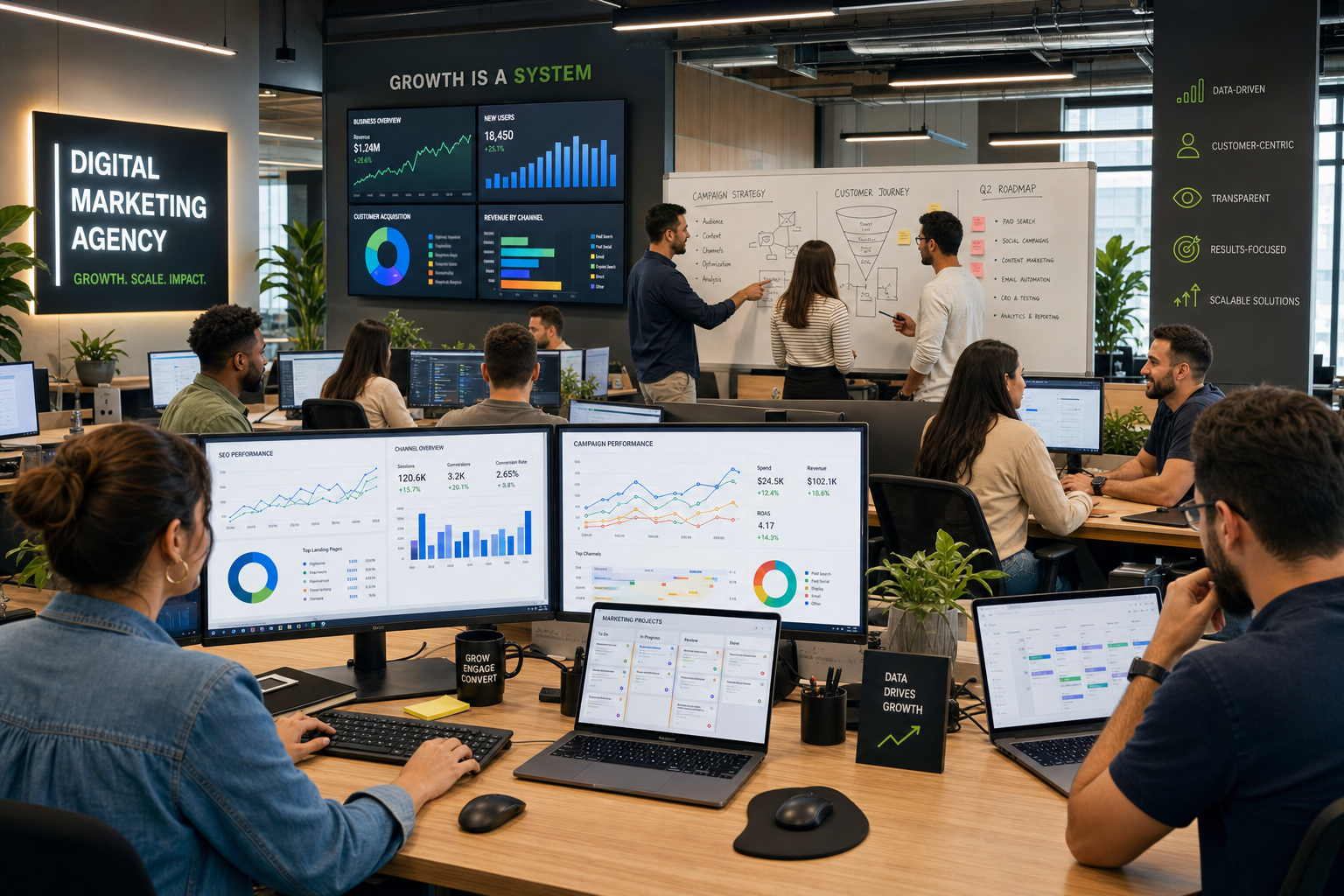 Digital marketing agency team using various scaling tools